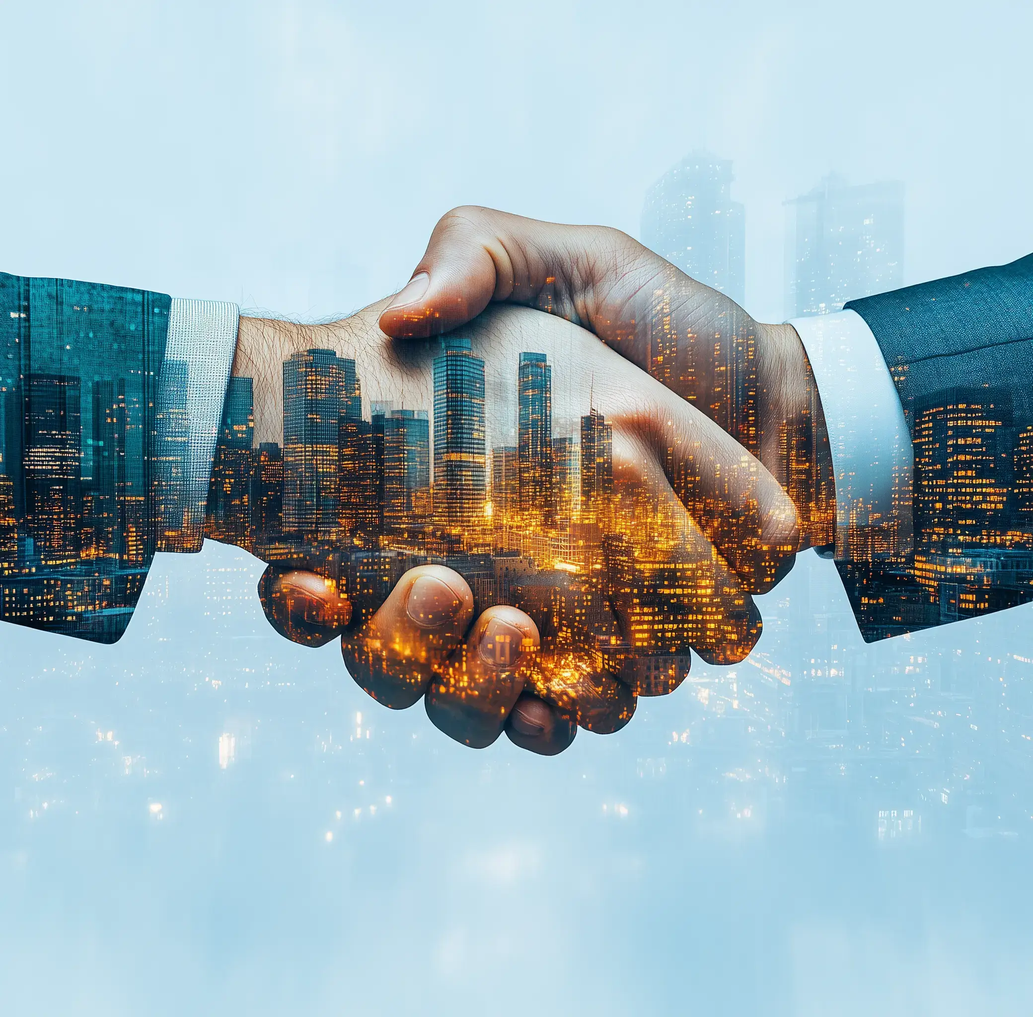 Handshaking  with an overlay of few buildings