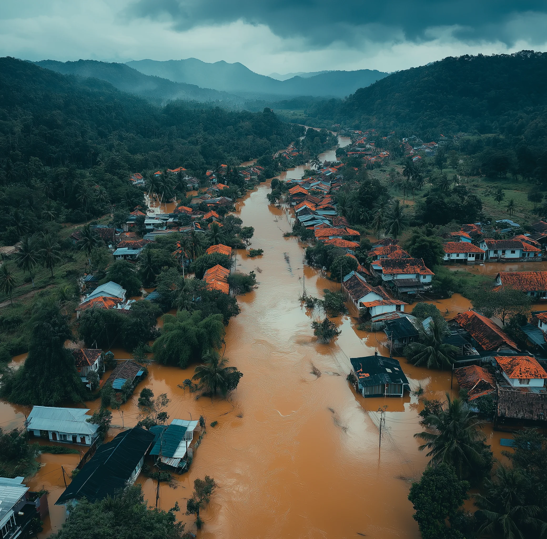 An Aerial view of a flooded area with houses drowned with water
