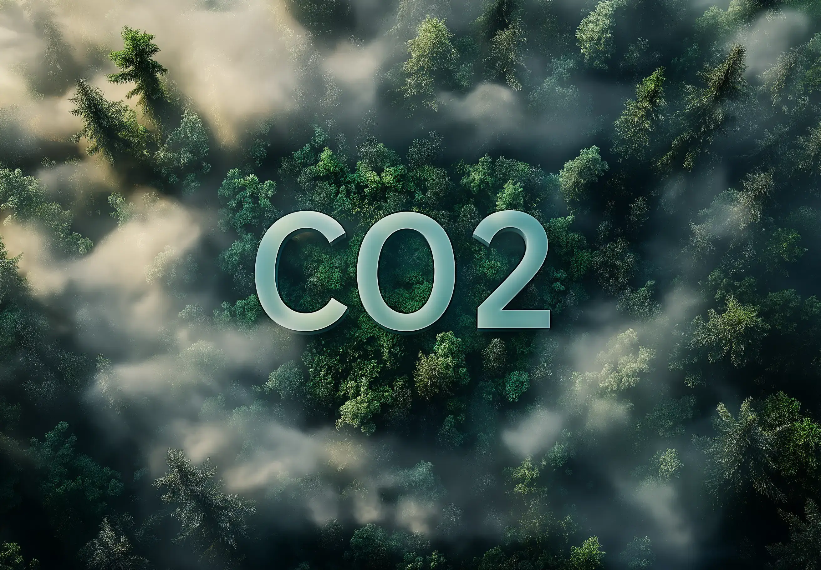 Ariel view of a forest in the middle white color letters symbolizing CO2