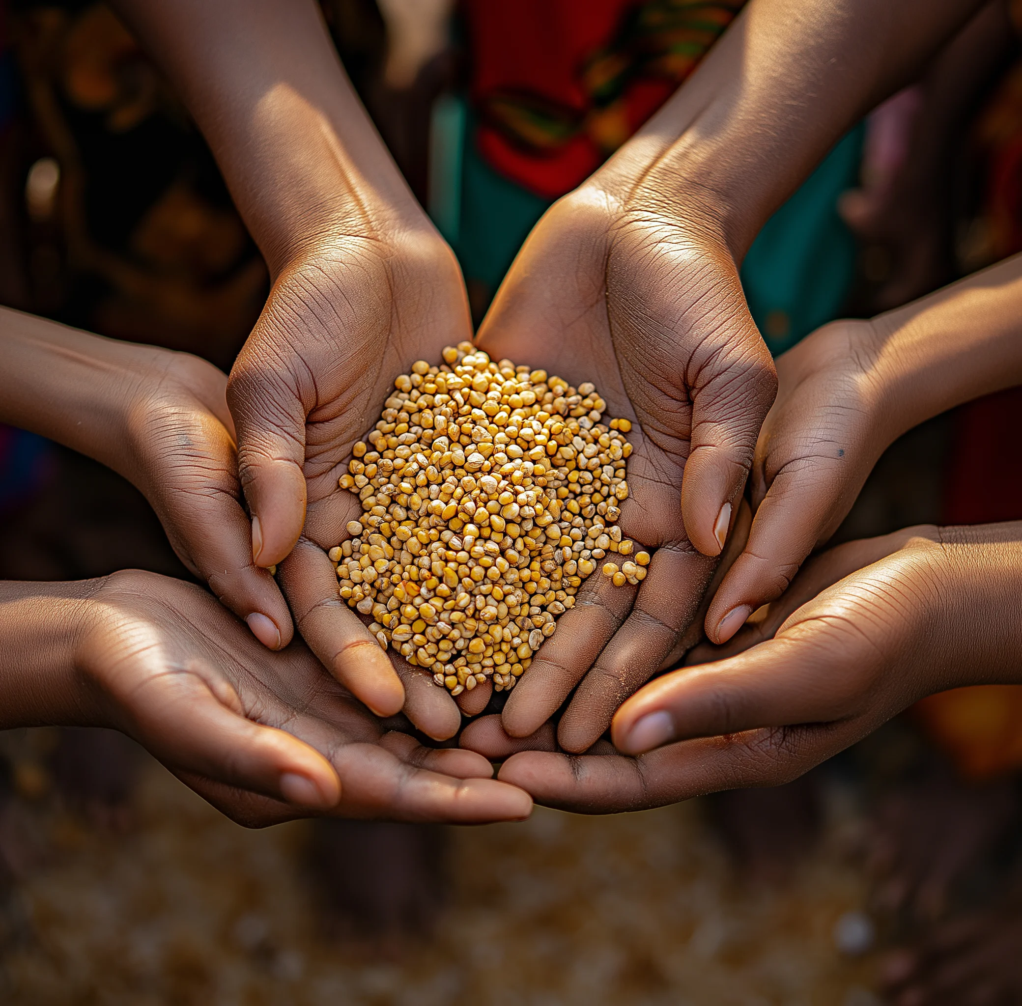 Few people holding palms to collect grains