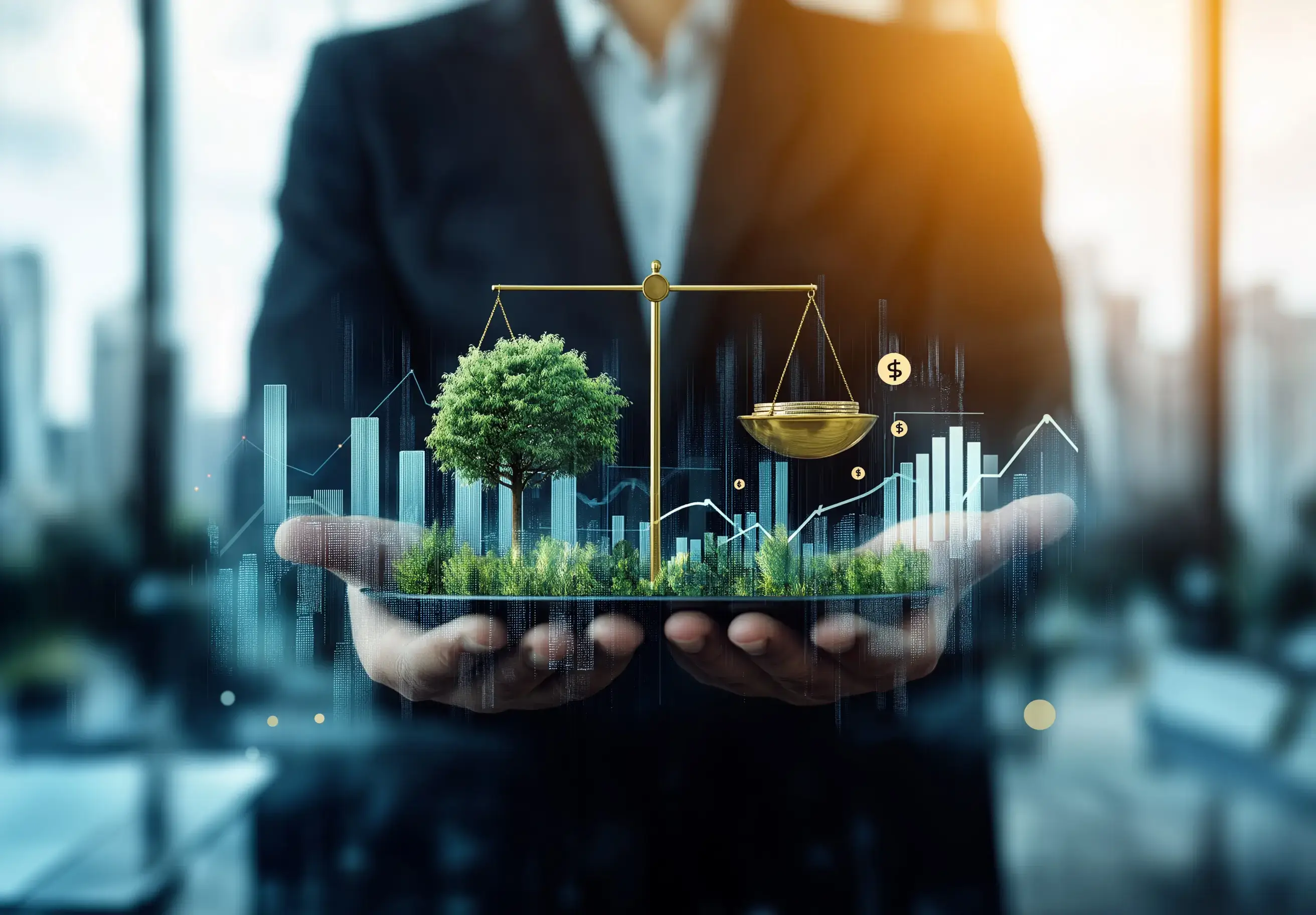 Person holding a digital ESG concept with tree, balance scale, and financial charts, symbolizing sustainable governance