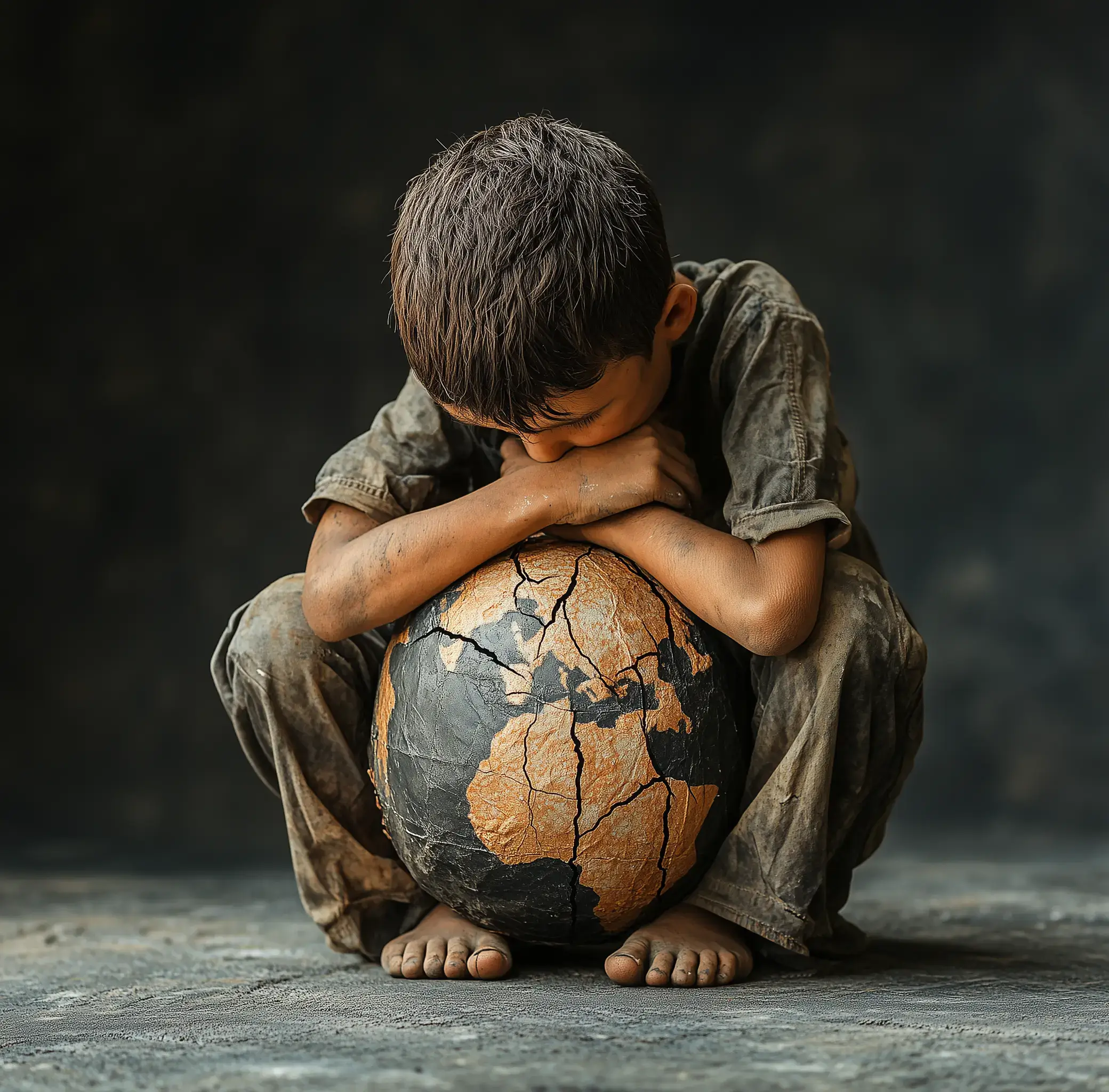A little boy with an outfit with mud and a holding an earth globe like bowl