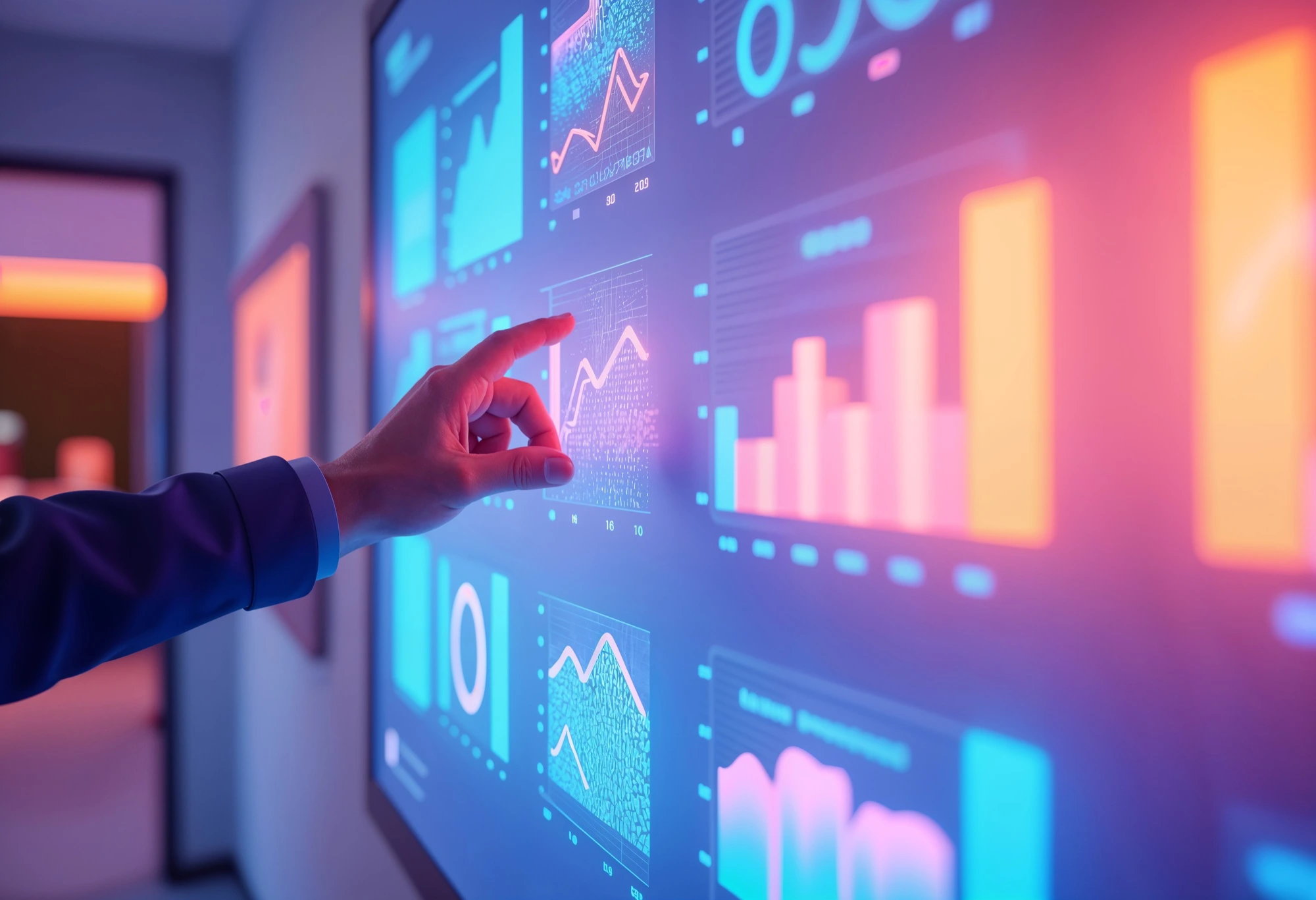 A Finger touching a digital display with financial charts