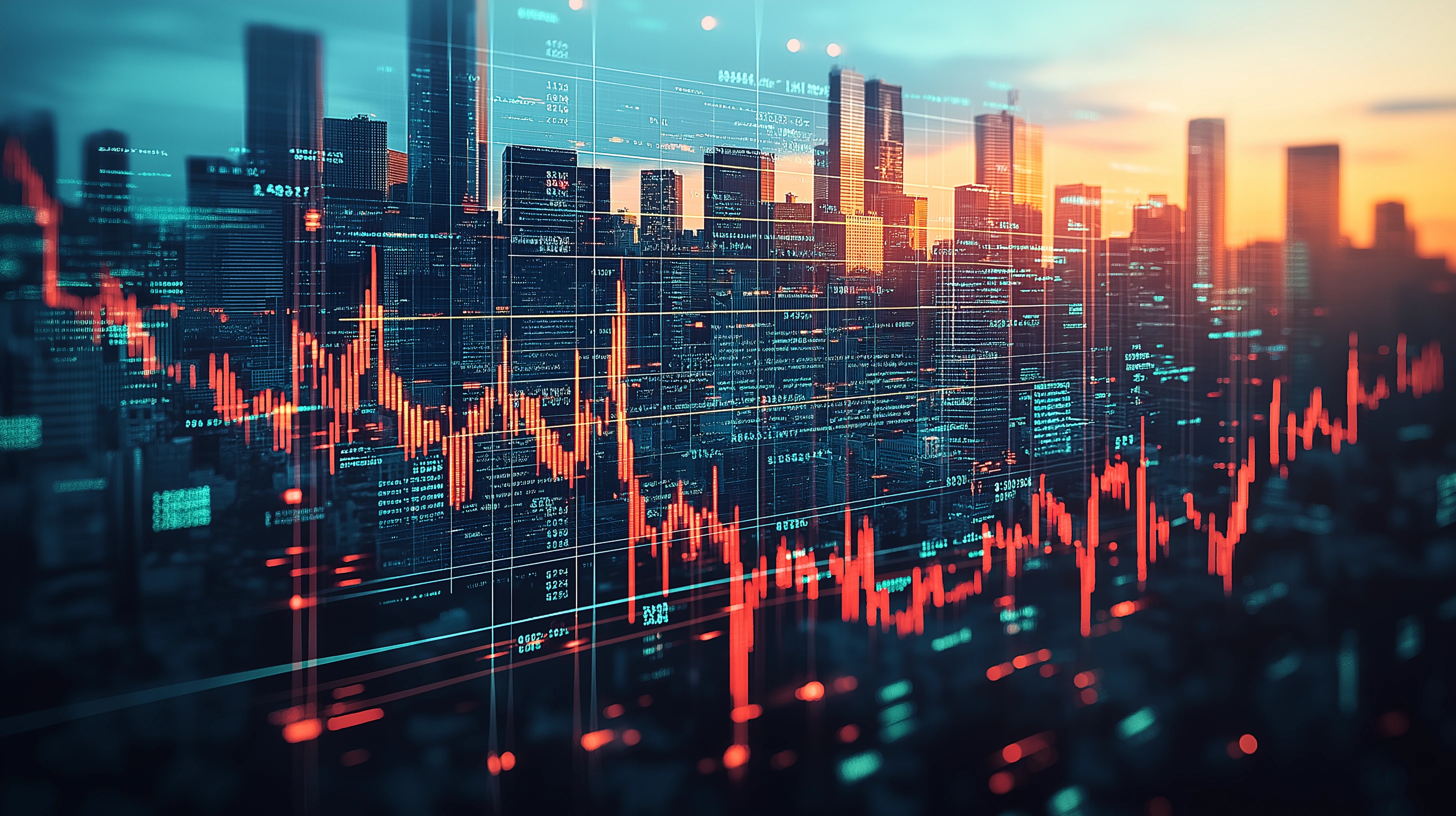 Digital screen displaying stock charts and financial data visuals