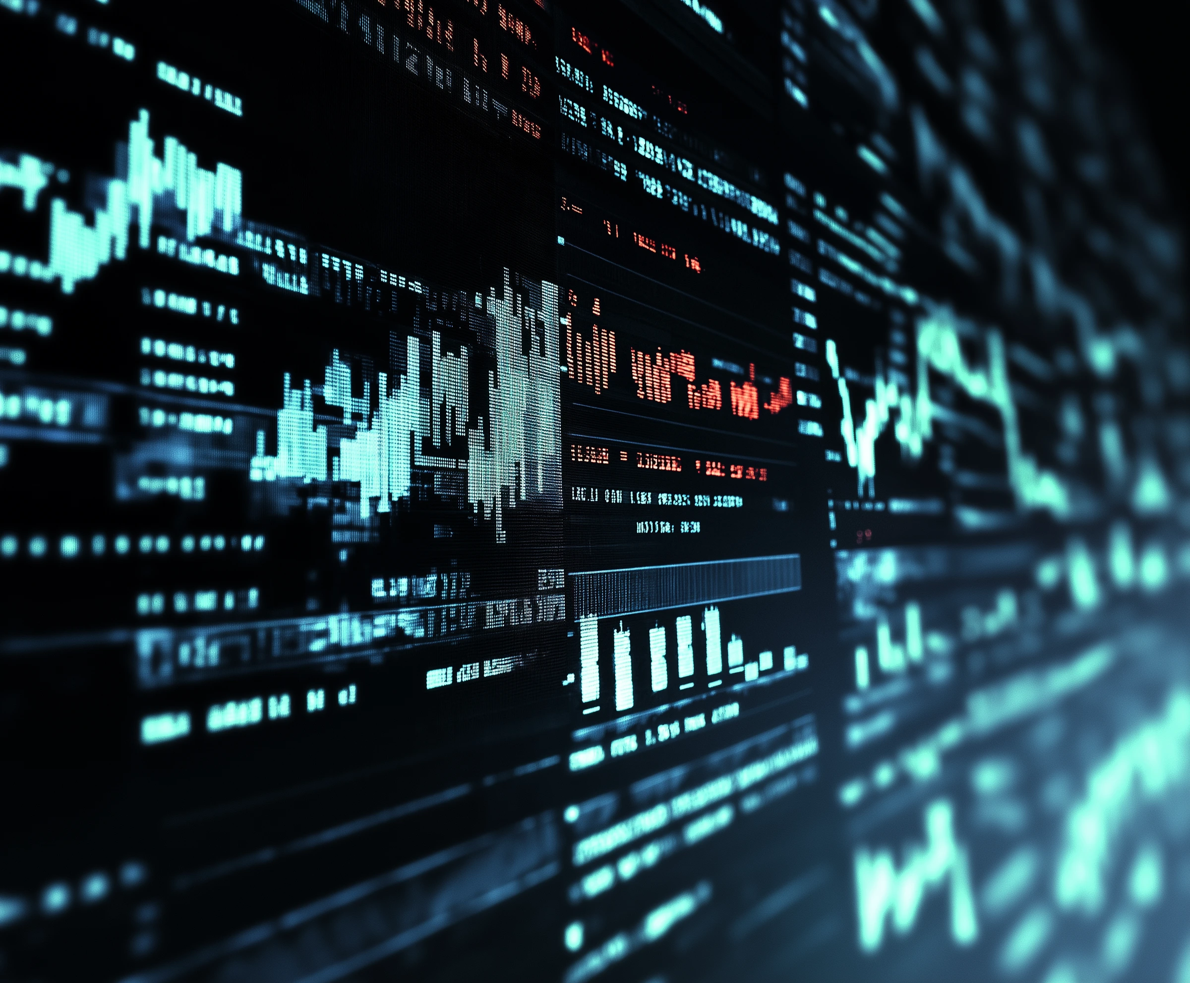 Close-up of digital financial charts and market data on a high-tech display