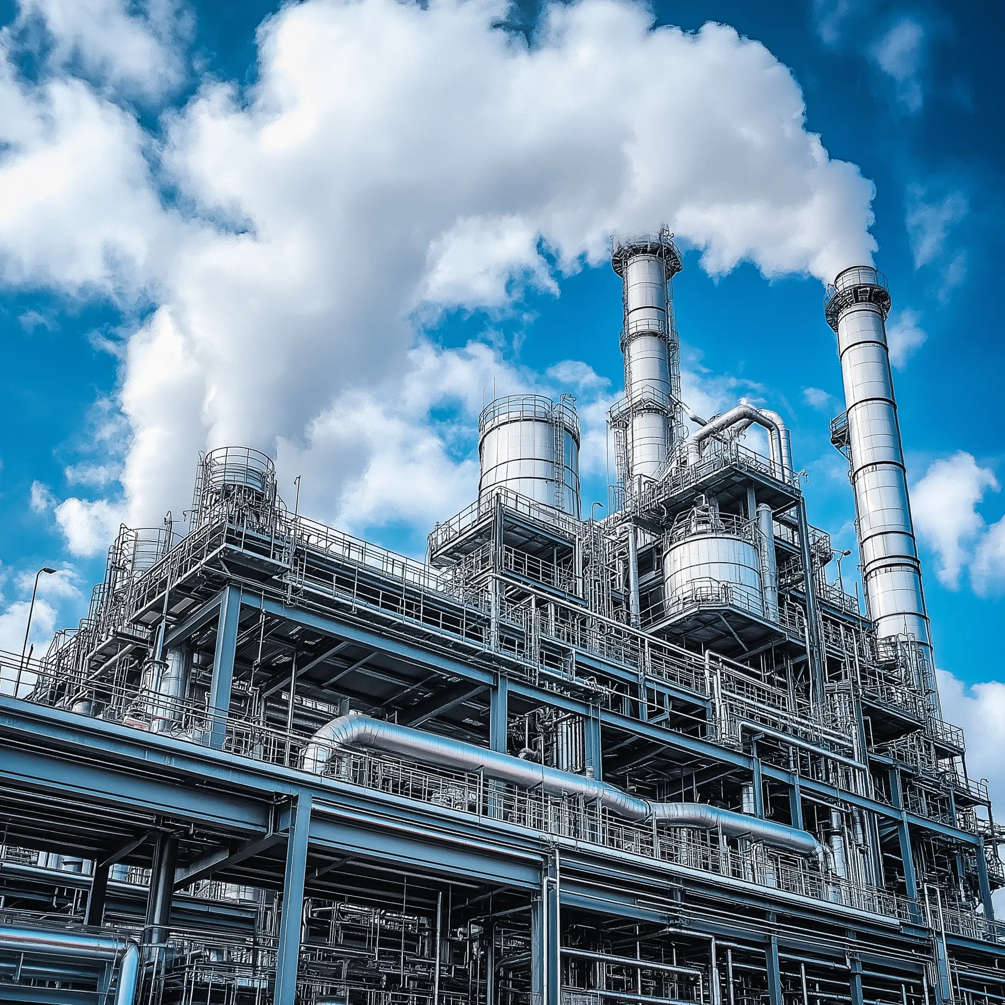 A Factory with large pipes and smoking emitting smoke pipes