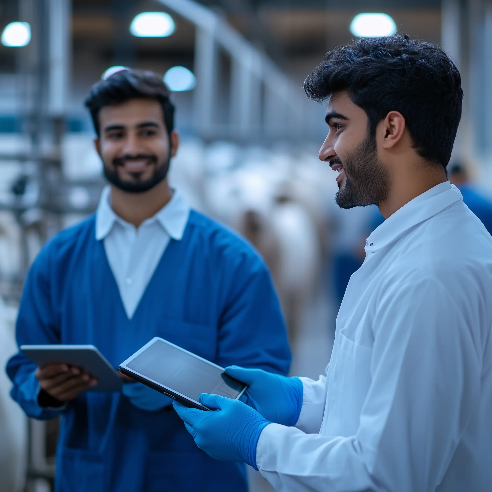 Two male employees discussing with tablets in hand