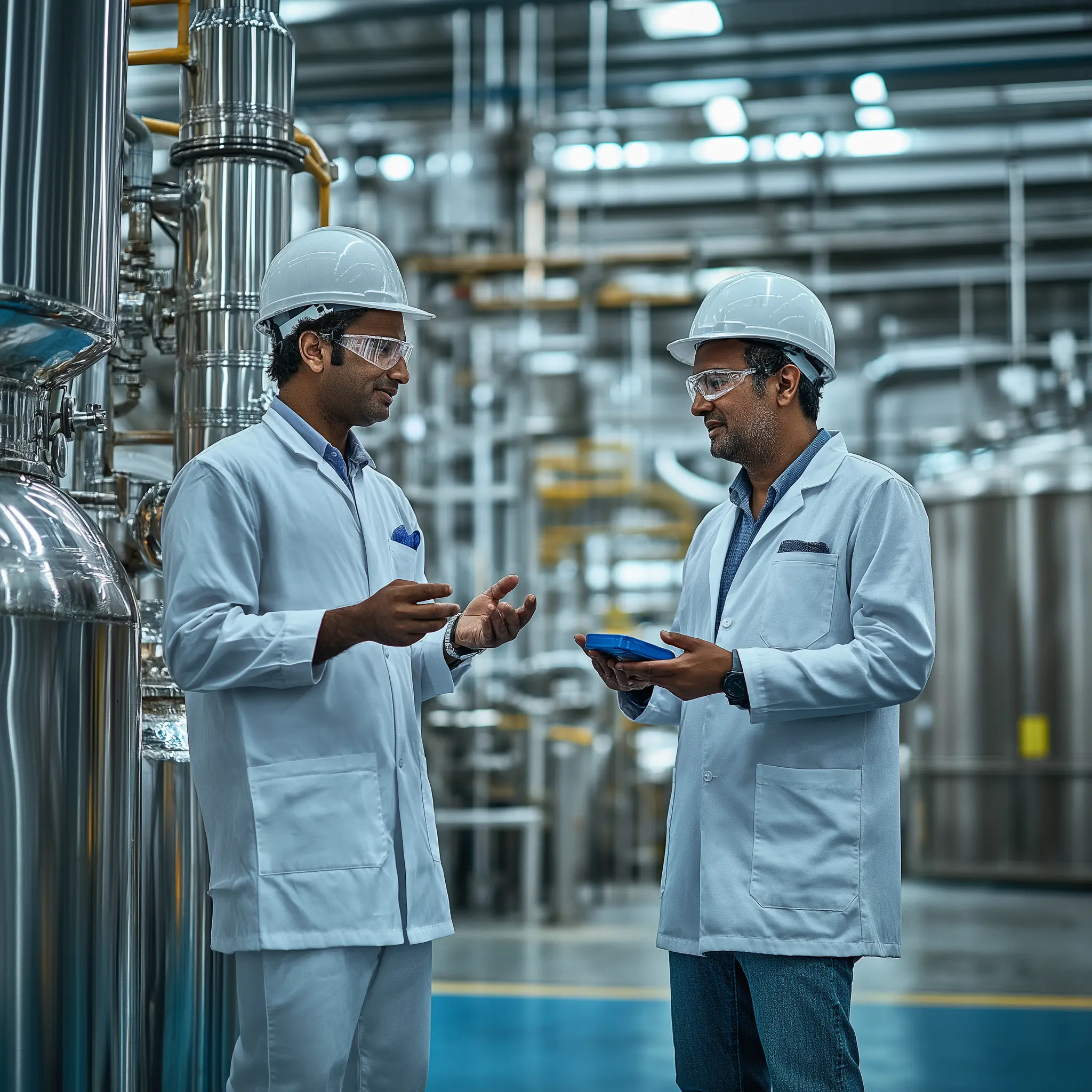 Two male employees discussing near a big machine inside the Nalco water factory