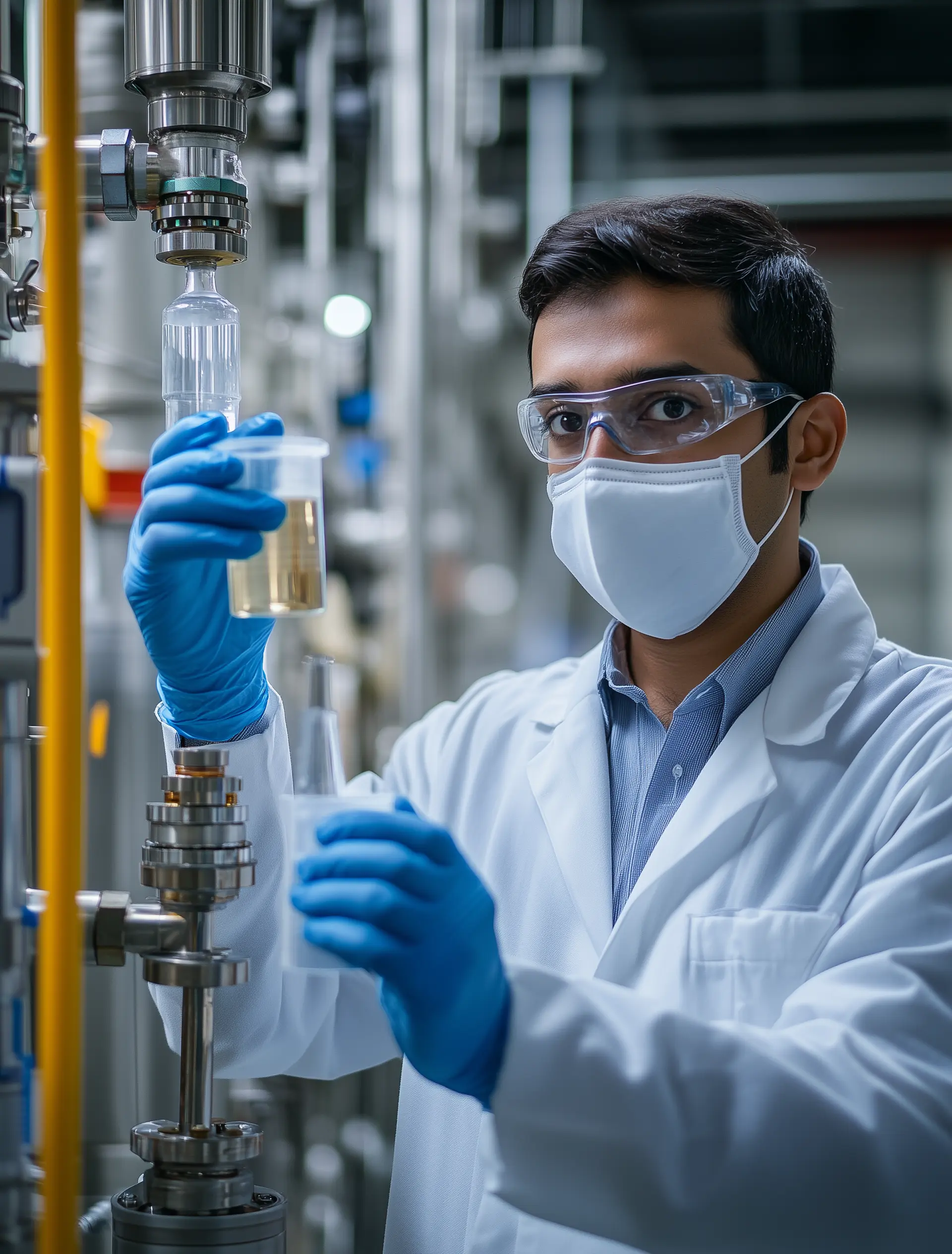 An male employee wearing a lab suite conducting a test