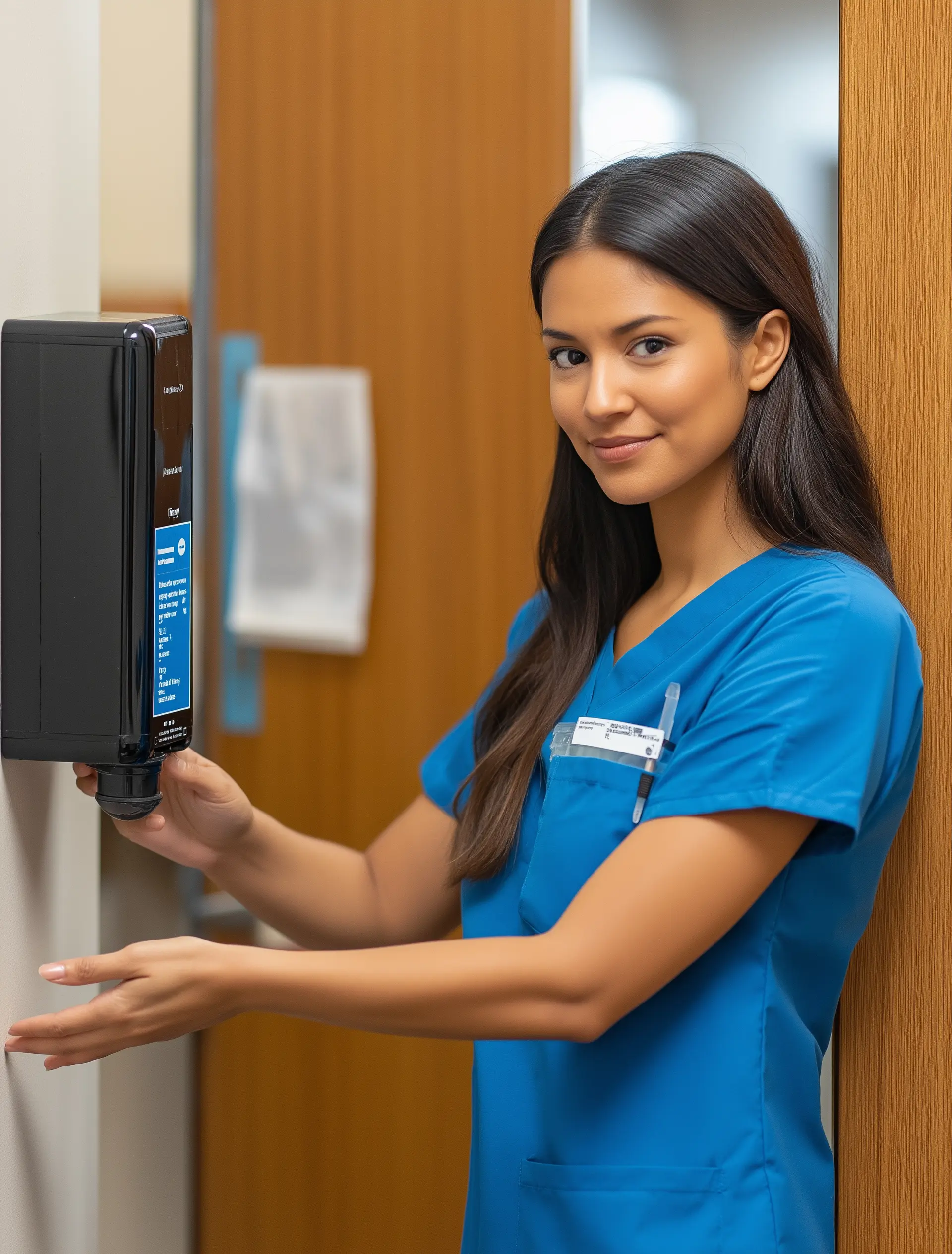 A medical employee cleaning hands