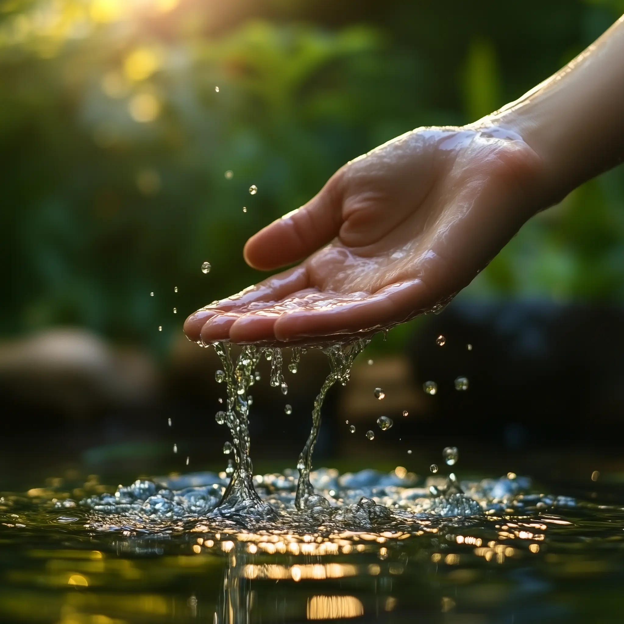 Pouring water droplets from hand to a stream
