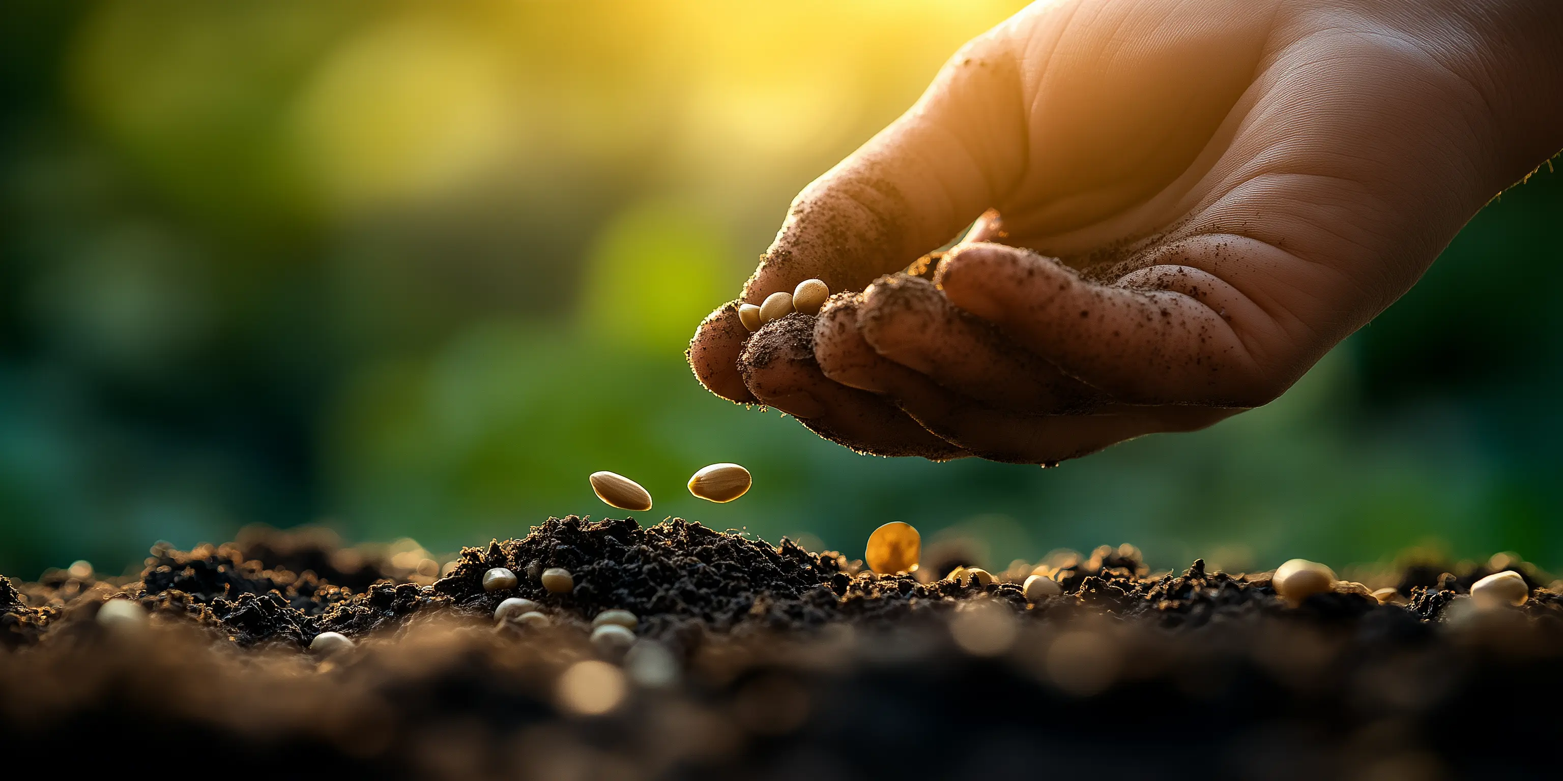 A closeup of a human hand planting some seeds on soil